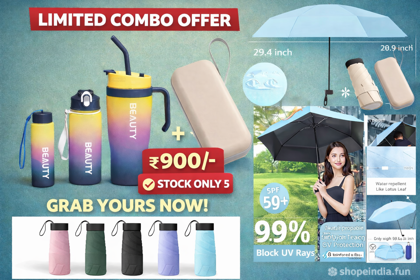 Mini Umbrella with square case ☂️ + 3 pcs Mug and Water Bottle