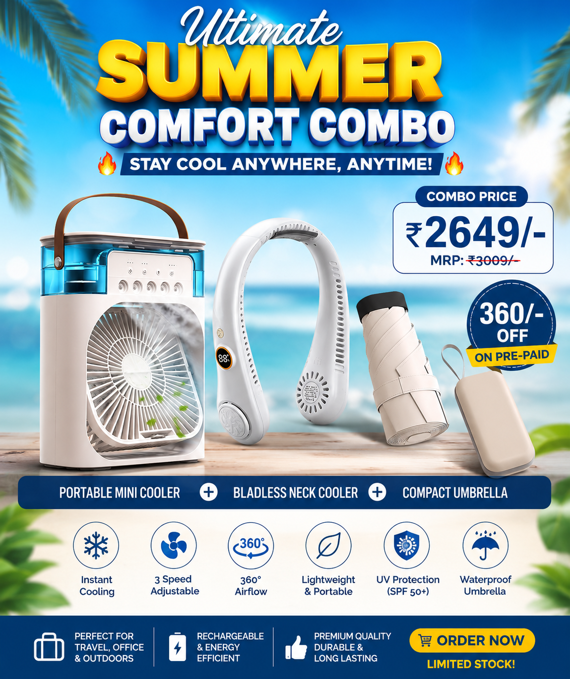 Portable Mini Cooler  +Bladeless Neck Cooler + umbrella | with 6 month guaranty |360/- off on pre-paid